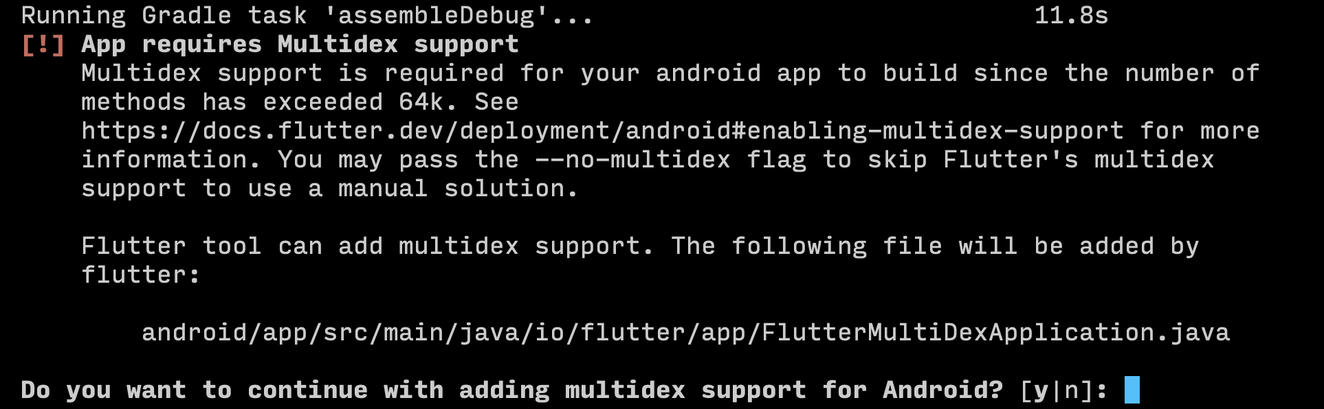 Screenshot of the  tool asking about multidex support