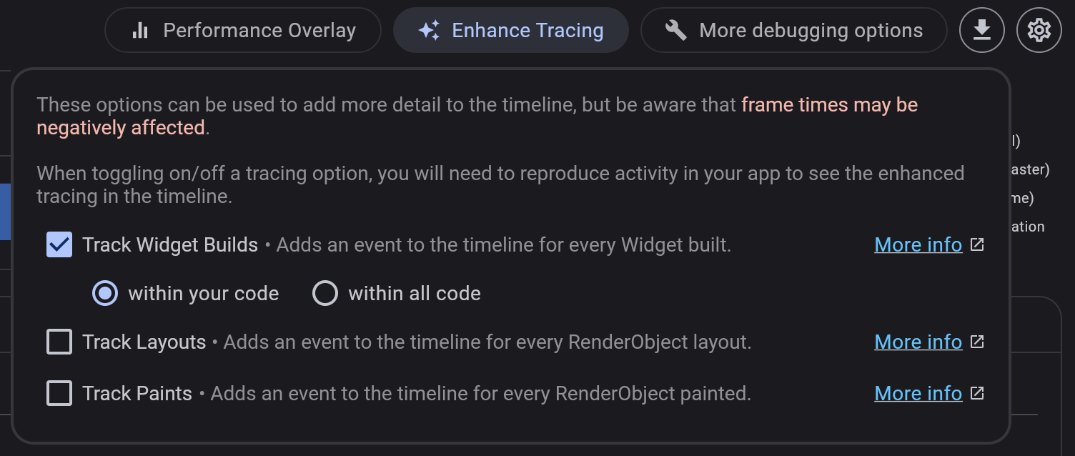 Screenshot of enhanced tracing options