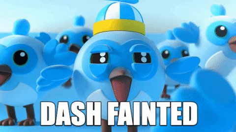 GIF of Dash fainting created for Flutter Engage