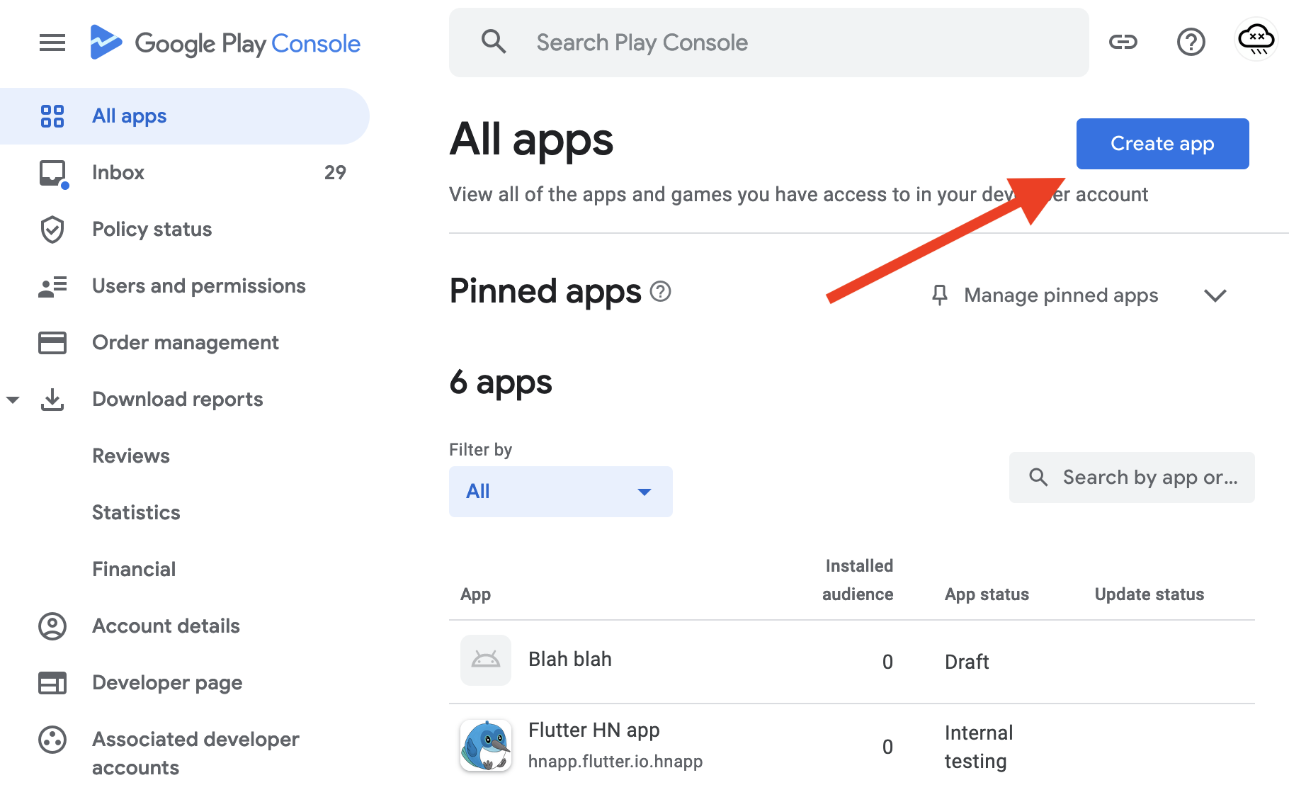 Screenshot of the 'Create app' button in Google Play Console