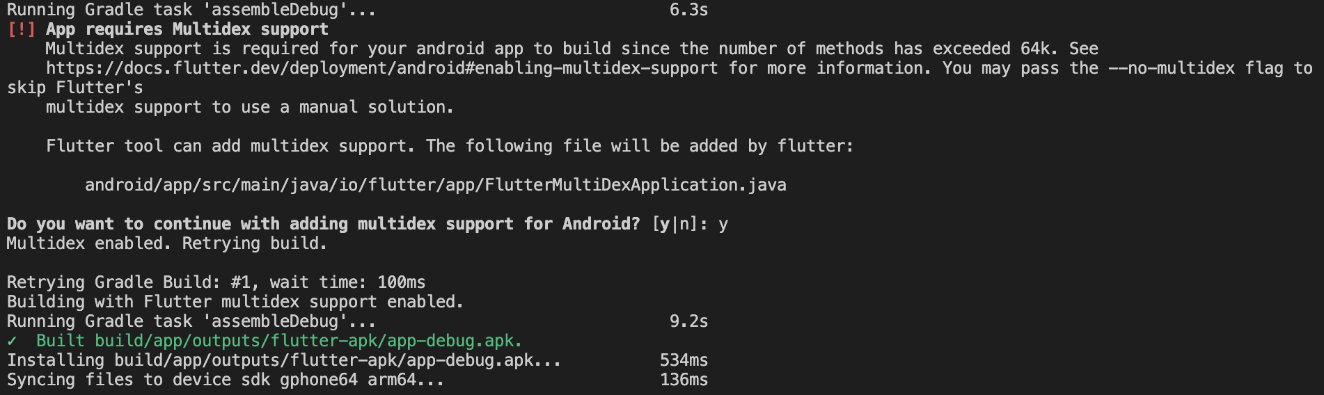 screenshot of a successful build after adding multidex
