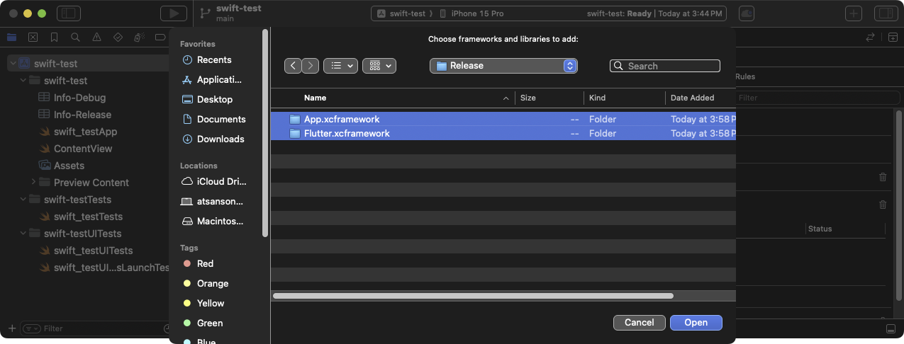 Choose frameworks to link from the Choose frameworks and
libraries to add: dialog box in Xcode