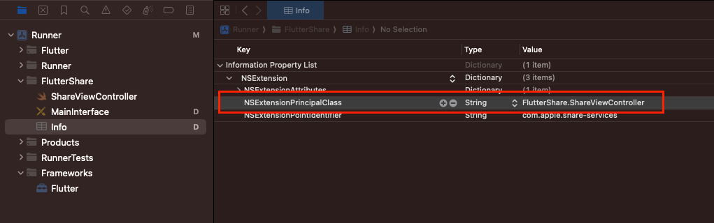 Setting the NSExtensionPrincipalClass property in the Info.plist file within Xcode.