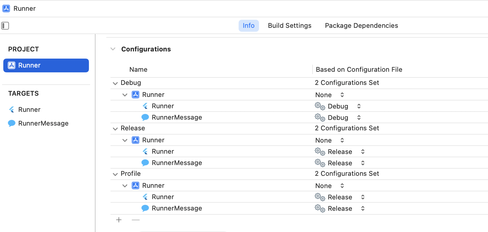 An example Xcode Runner configuration with each property set to: Based on configuration file.