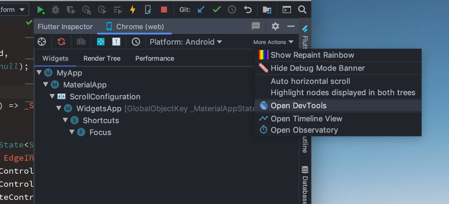 Screenshot of Flutter inspector with DevTools menu