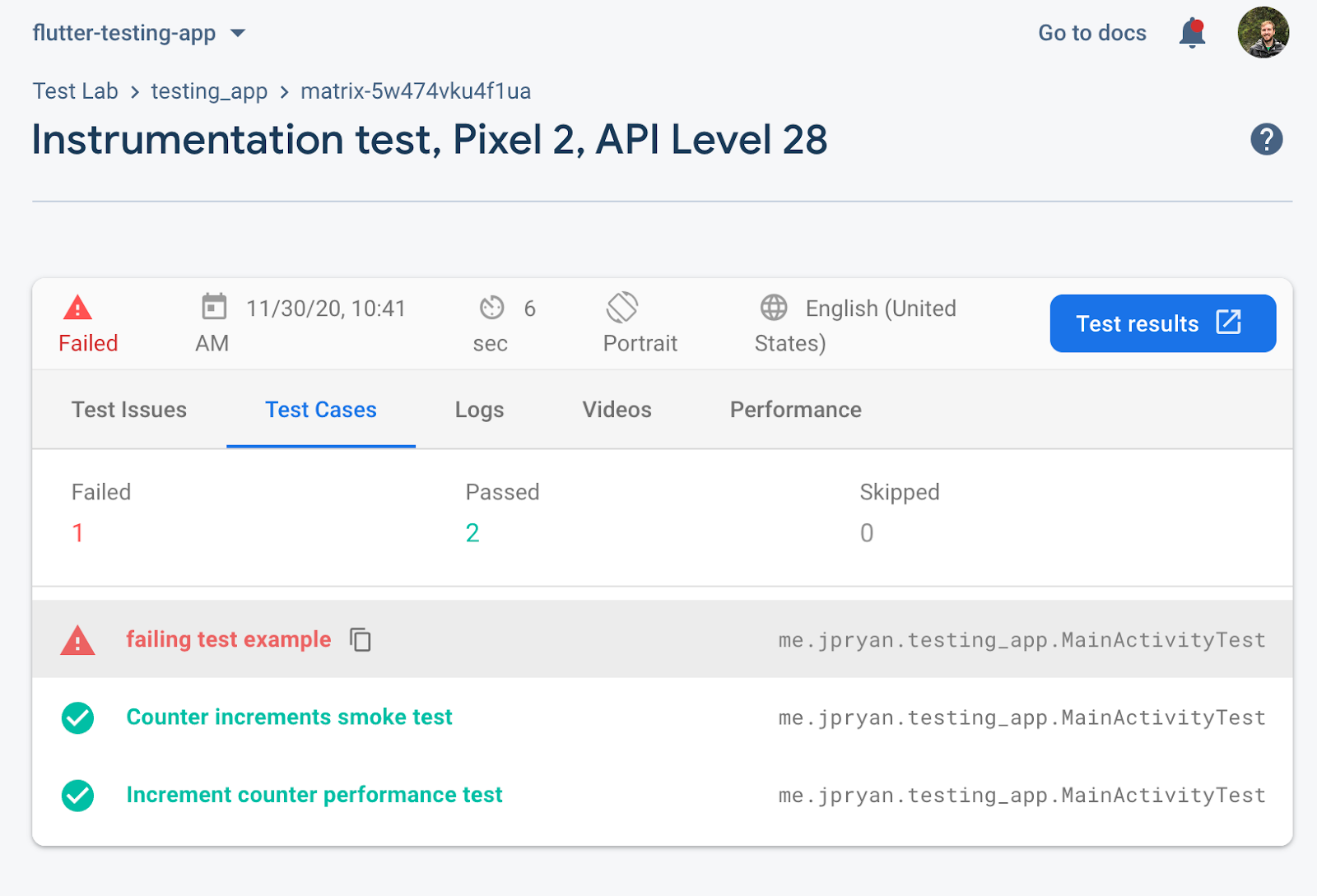 Firebase Test Lab test results