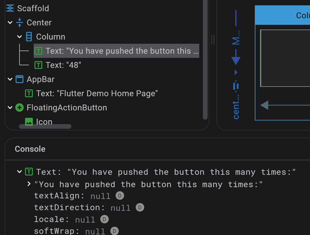 Screenshot of inspected widget in Console view