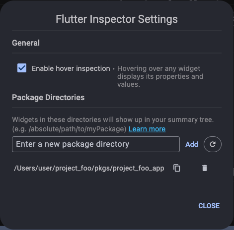 The Flutter Inspector Settings dialog