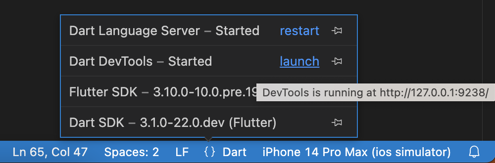 Screenshot showing DevTools in the VS Code status bar