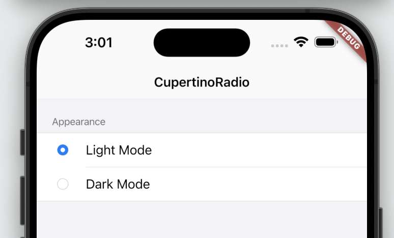 Rendered image or visualization of the CupertinoRadio widget.