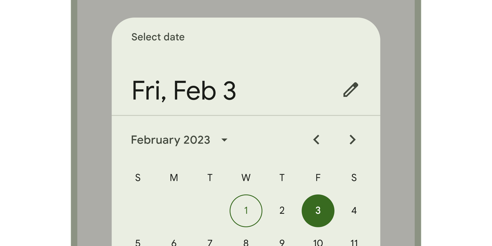 Rendered example of the DatePicker Material widget.