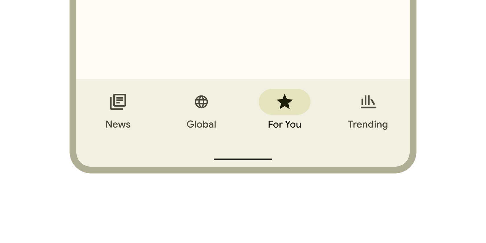 Rendered example of the NavigationBar Material widget.