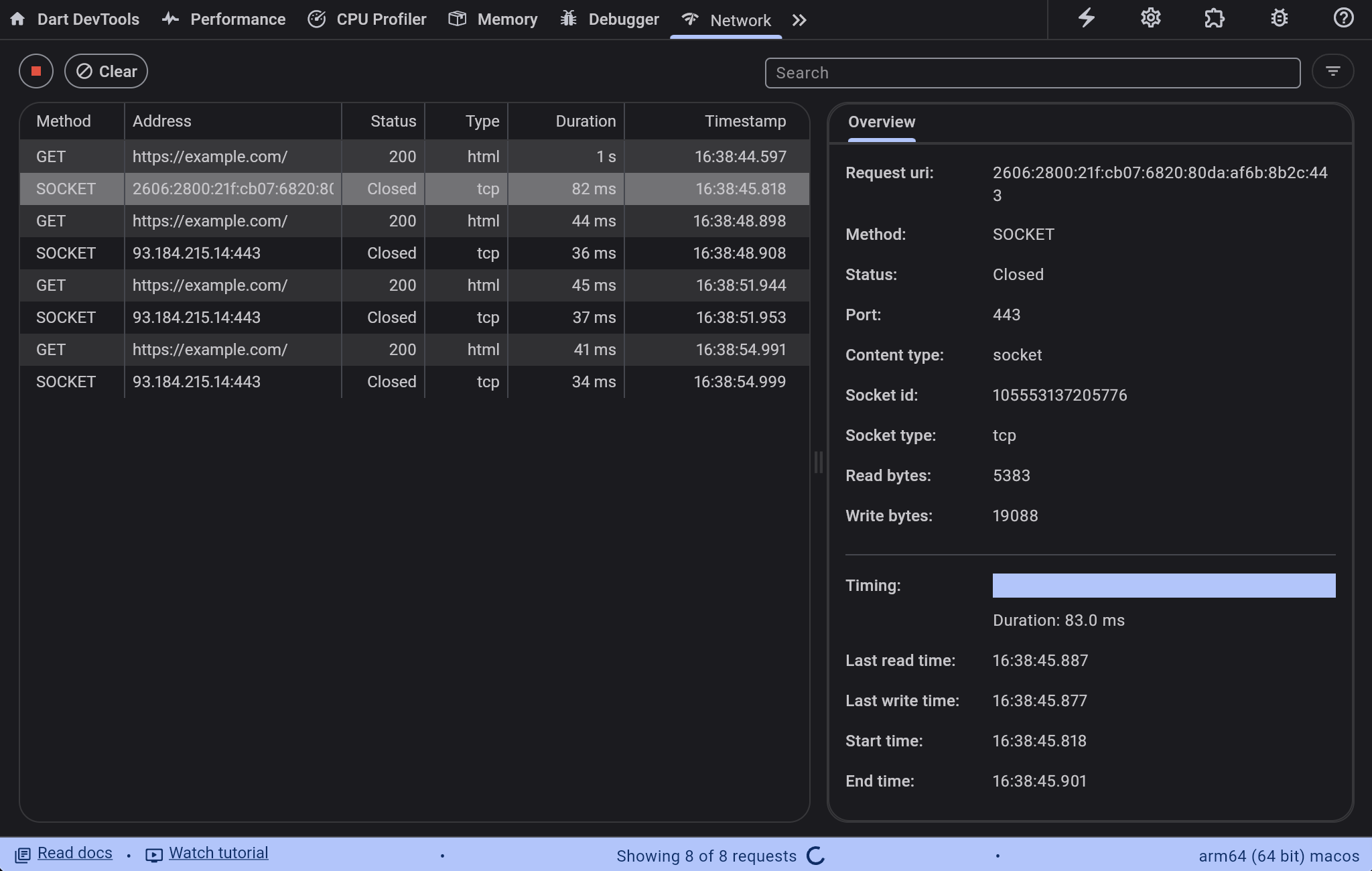 Network profiler correctly displaying socket statistics